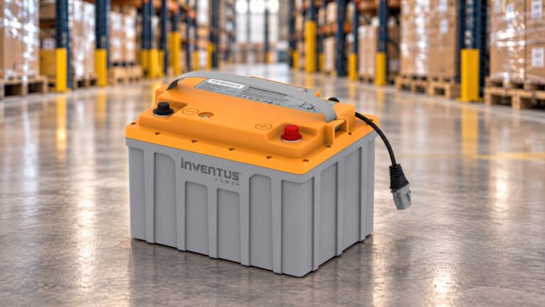 Inventus Power LV-24V50 PROTRXion 24V lithium-ion battery pack, three-quarter view, showing housing and connector.